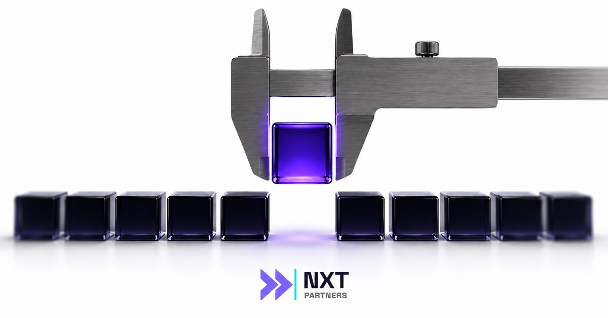 A steel caliper lifts one glowing violet cube out of a row of dark cubes, measuring it on its own.